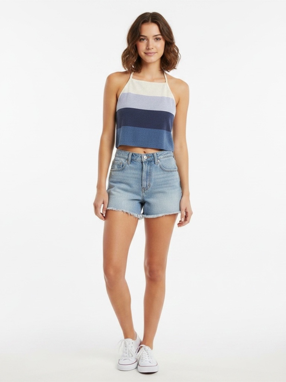 Old Navy | Blue striped stretch cotton halter crop top